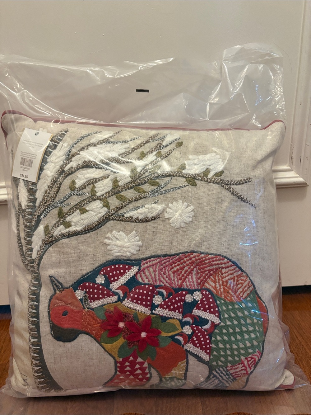 Pier 1 Multicolor Embroidered Elephant Accent Pillow - Cream, Red, Green, Blue